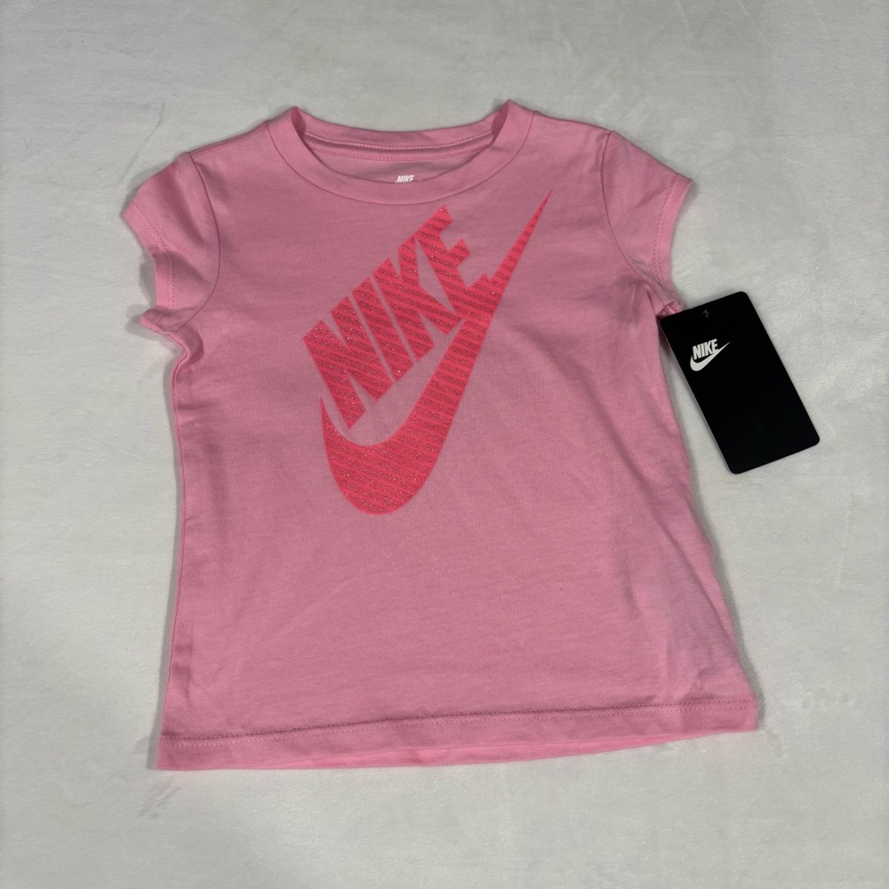 Nike Girls Toddler T-Shirt Sparkly Striped  Pink Logo Tee Size 2T NWT